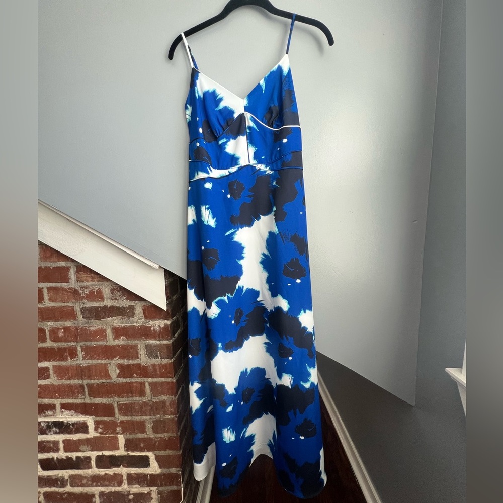 Banana Republic wedding guest dress, spaghetti straps, blue floral
